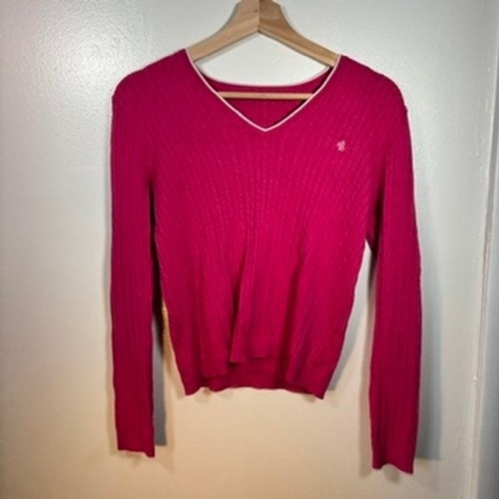 Lauren Ralph Lauren Sweater Womens Sz M Pink‎ V-Neck Cable Knit Pullover